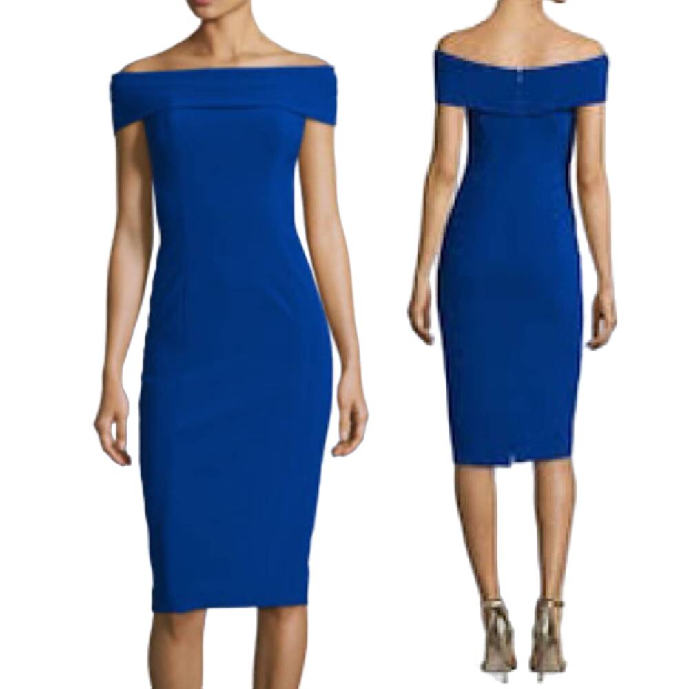 Theia Cocktail Dress Off the Shoulders Stretch Crepe Sheath Midi Blue NEW 6